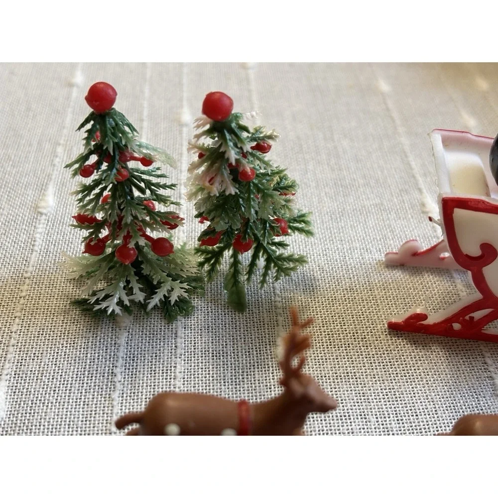 Vintage Look Miniature Plastic Santa in His Sleigh with Reindeer Cake Topper